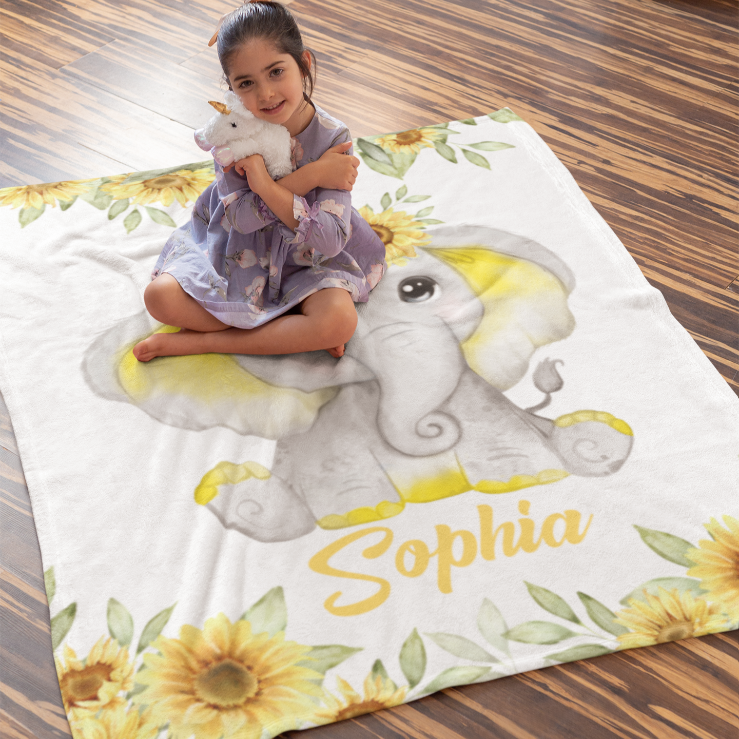 Personalized Custom Sunflower Elephant Name Blanket - Gift for Kids