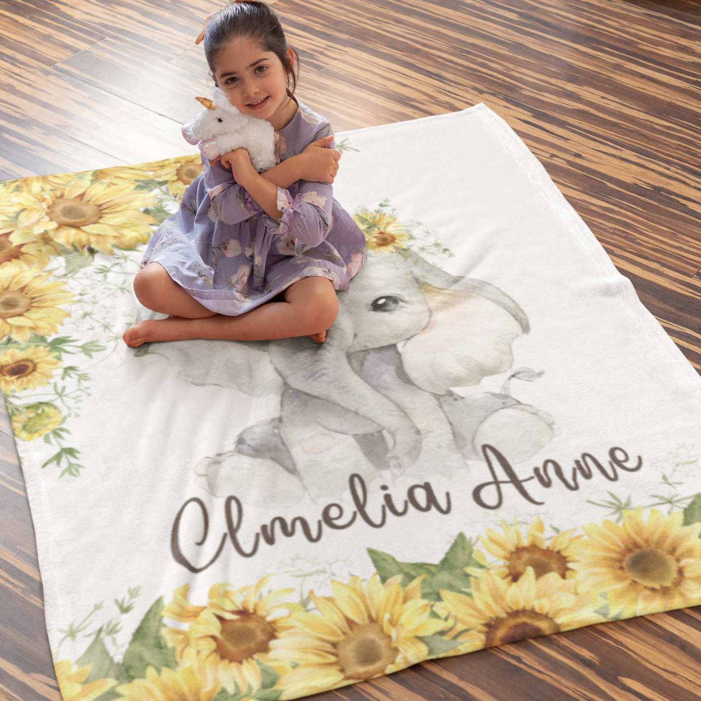 Personalized Sunflower Flower Elephant Blanket - Gift for Baby