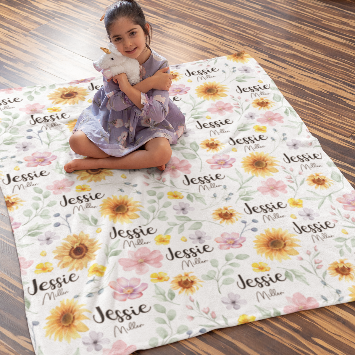 Personalized Sunflower Themed Name Blanket - Gift for Kids