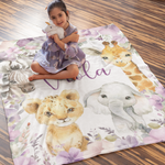 Personalized Safari Animals Baby Name Floral Blanket - Gift for baby