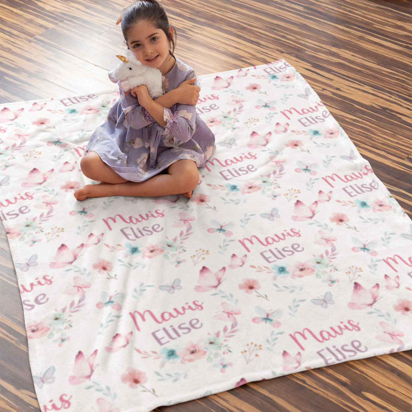 Personalized Butterfly Flower Name Blanket - Gift for Kids