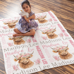 Personalized Pink Floral Collection Cow Girl Name Blanket - Gift for Kids