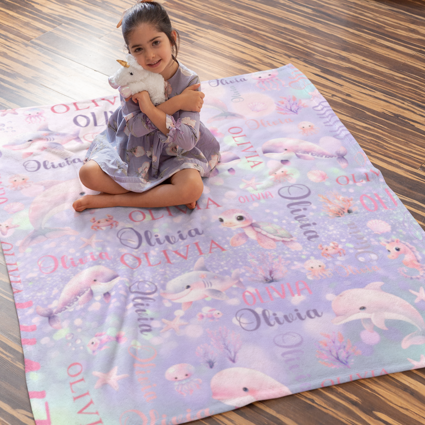 Personalized Cute Fantasy Sea Animal Name Blanket - Gift for Kids