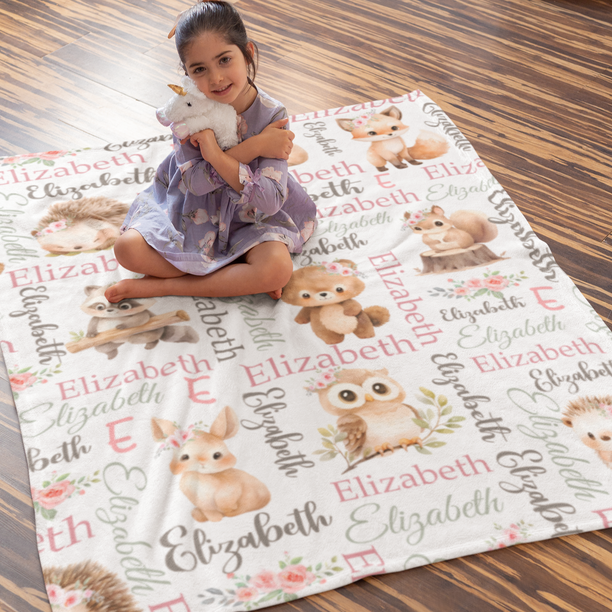 Personalized Girl Woodland Animals Name Blanket - Gift for Kids