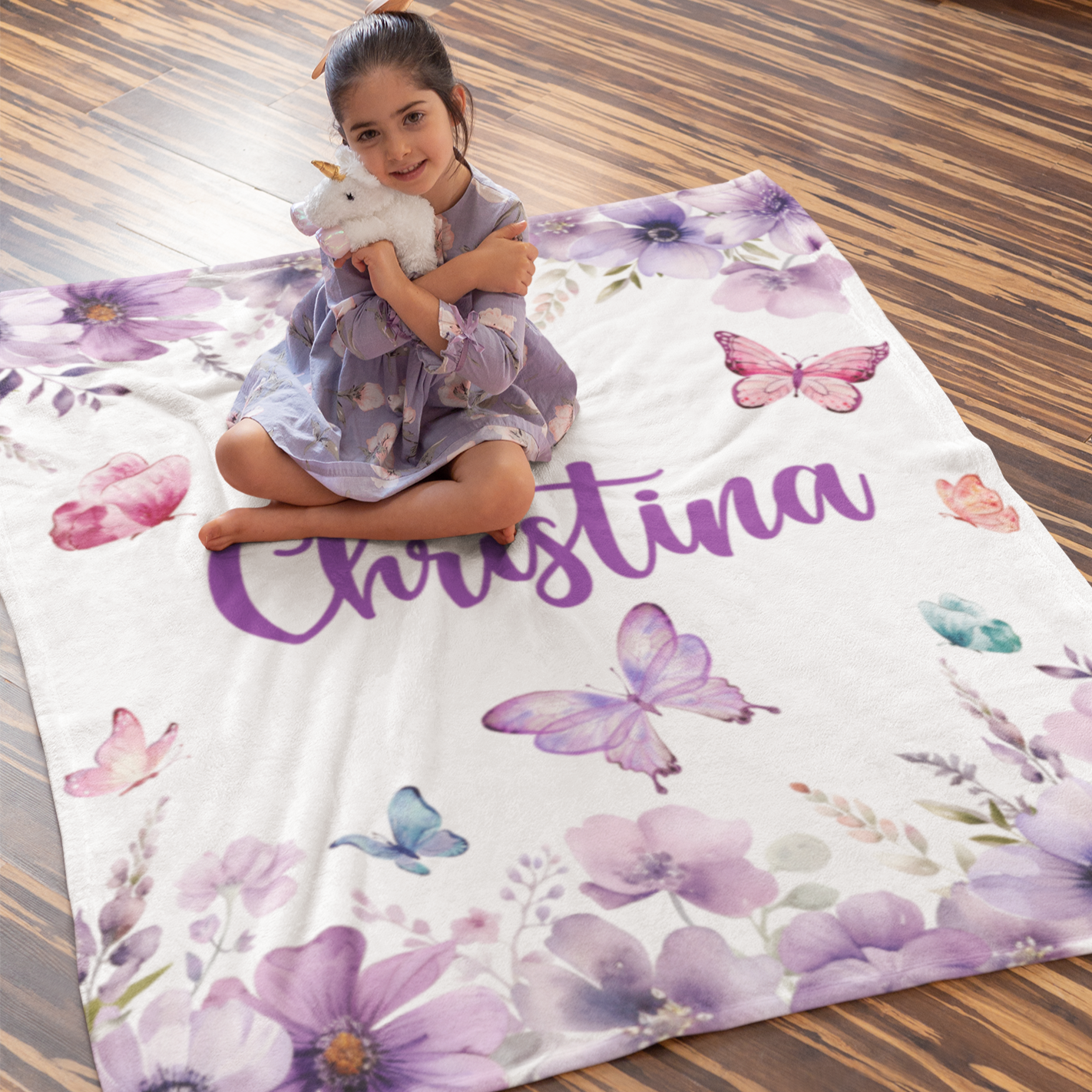 Personalized Watercolor Purple Butterfly  Baby Name Blanket - Gift for baby