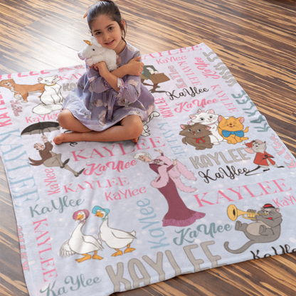 Personalized Cute White Cat Kids Name Blanket - Gift for Kids