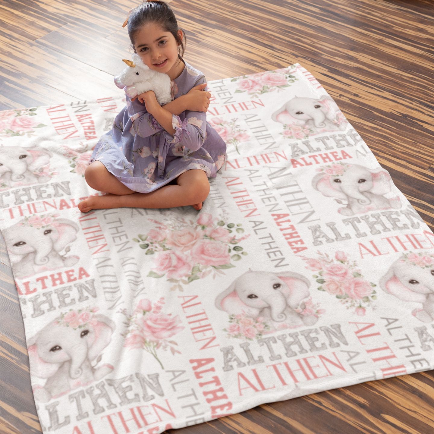 Personalized Floral Rose Elephant Girl Name Blanket - Gift for Kid