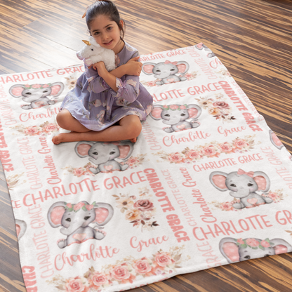 Personalized Watercolor Elephant Girl Baby Name Blanket - Gift for Baby