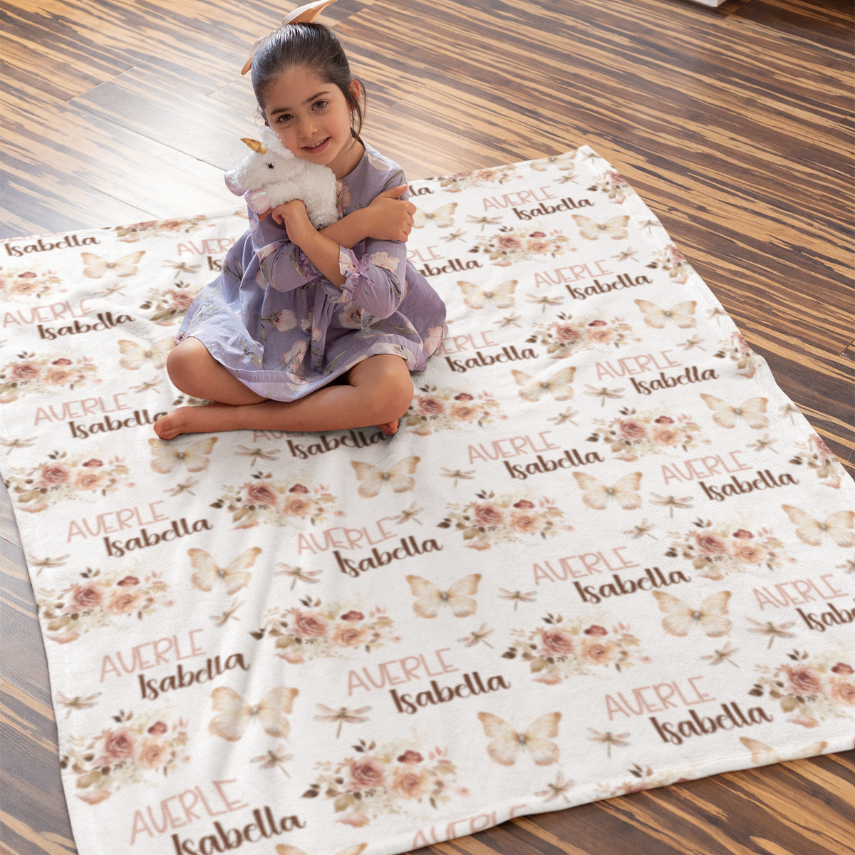 Personalized Watercolor Butterfly Flowers Name Blanket - Gift for Kids