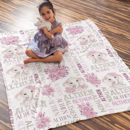 Personalized Floral Rose Elephant Girl Name Blankets - Gift for Kid