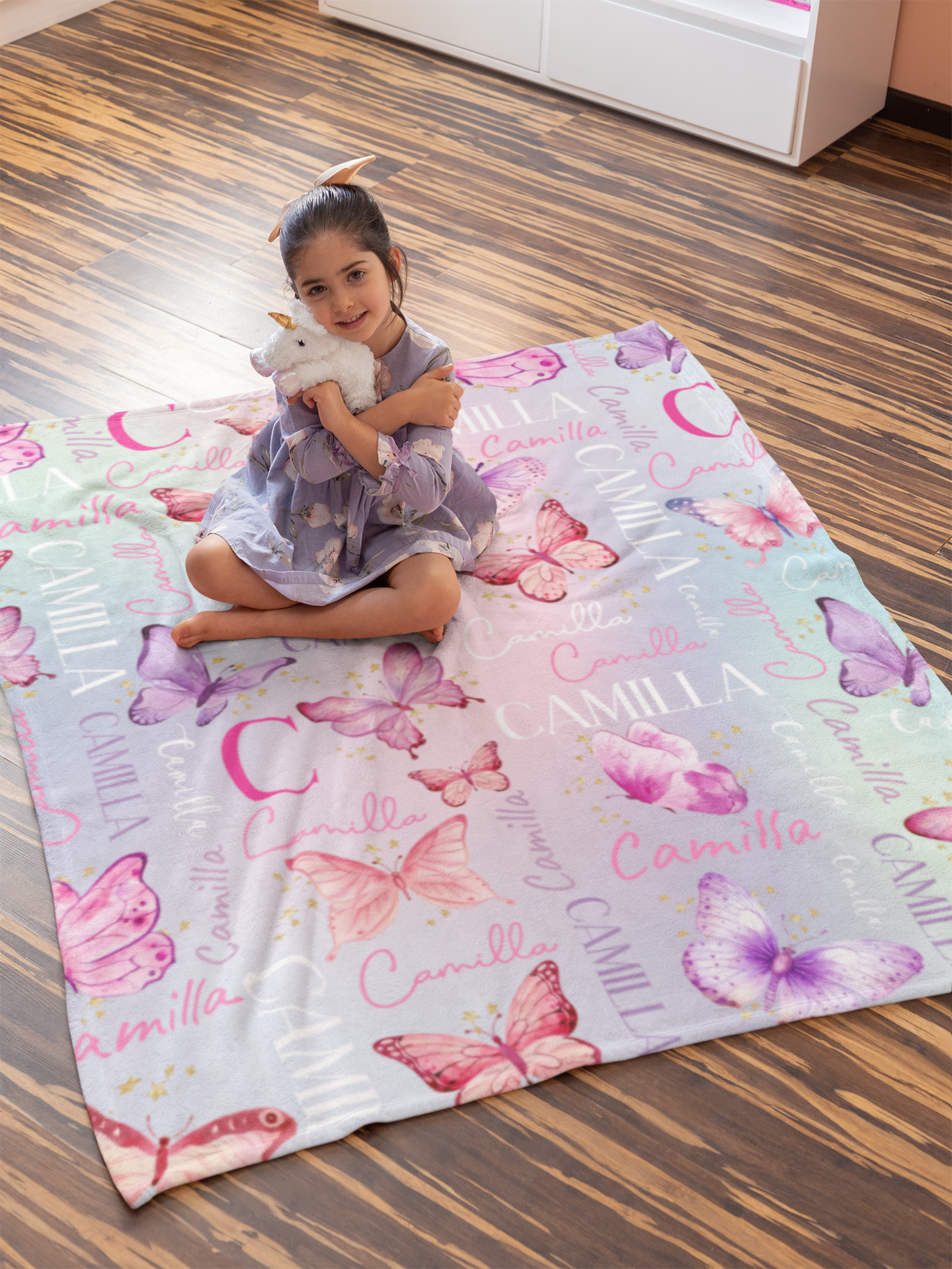 Personalized Watercolor Pink Butterfly Girl Name Blanket - Gift for Kid