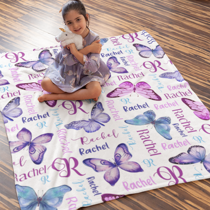 Personalized Watercolor Purple Butterflies Baby Name Blanket - Gift for Baby