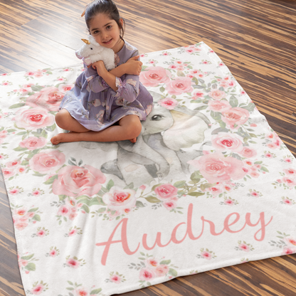 Personalized Watercolor Elephant Pink Floral Baby Name Blanket - Gift for Baby