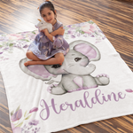 Personalized Purple Floral Elephant Baby Name Blanket - Gift for Baby