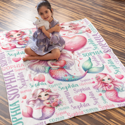 Personalized Little Mermaid Girls Name Blanket - Gift for Kids