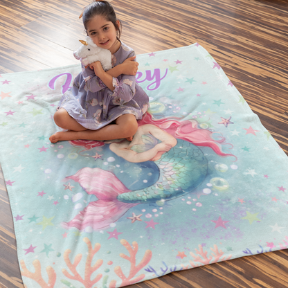 Personalized Cute Mermaid Girl Name Blanket - Gifts for Kids