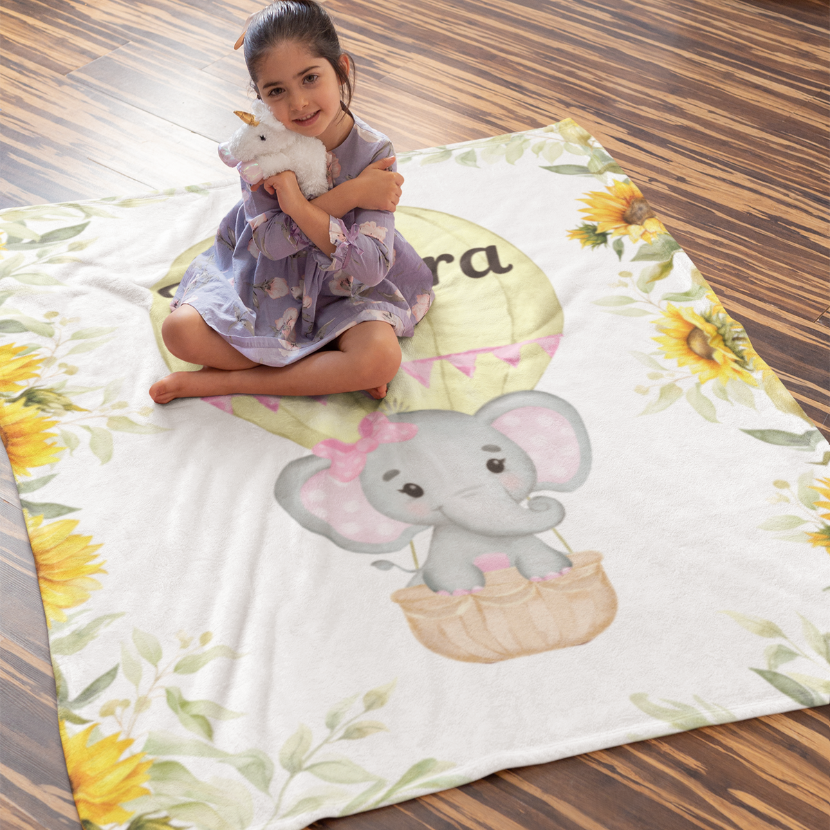 Personalized Yellow Sunflower Elephant Name Blanket - Gift for Kids