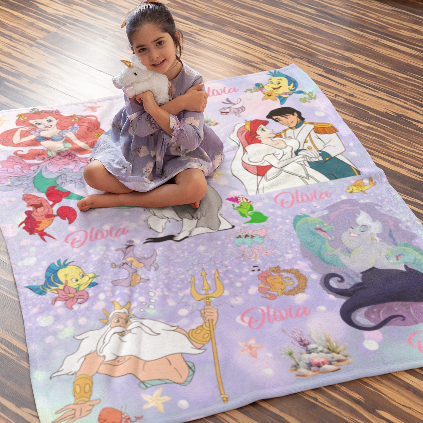 Personalized Watercolor Cute Mermaid Kids Name Blanket - Gift for Kids