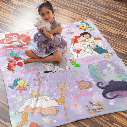 Personalized Watercolor Cute Mermaid Kids Name Blanket - Gift for Kids