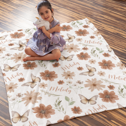 Personalized Custom Butterfly Flowers Name Blanket - Gift for Kids