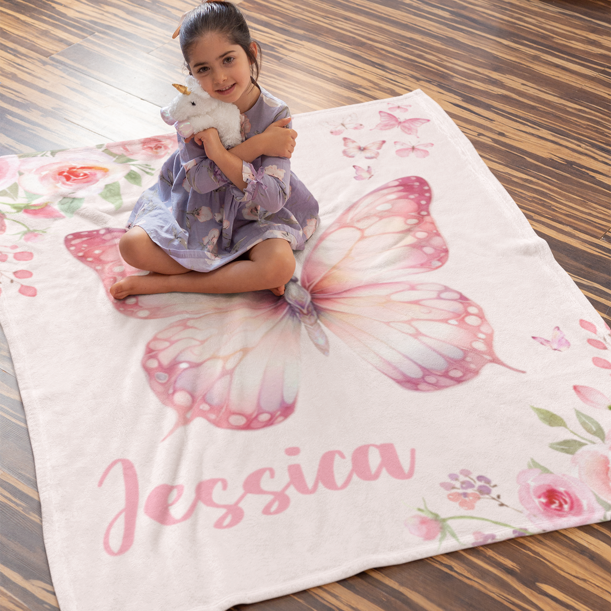 Personalized Watercolor Pink Butterfly Baby Name Blankets - Gift for Baby