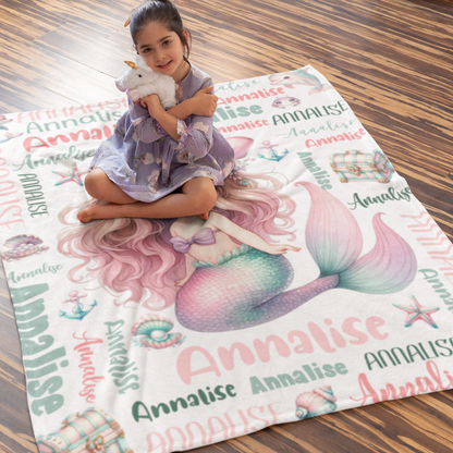 Personalized Watercolor Cute Mermaid Girl Name Blanket - Gift for Kids