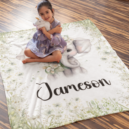 Personalized Flower and Elephant Name Blanket - Gifts for Baby - Baby Shower