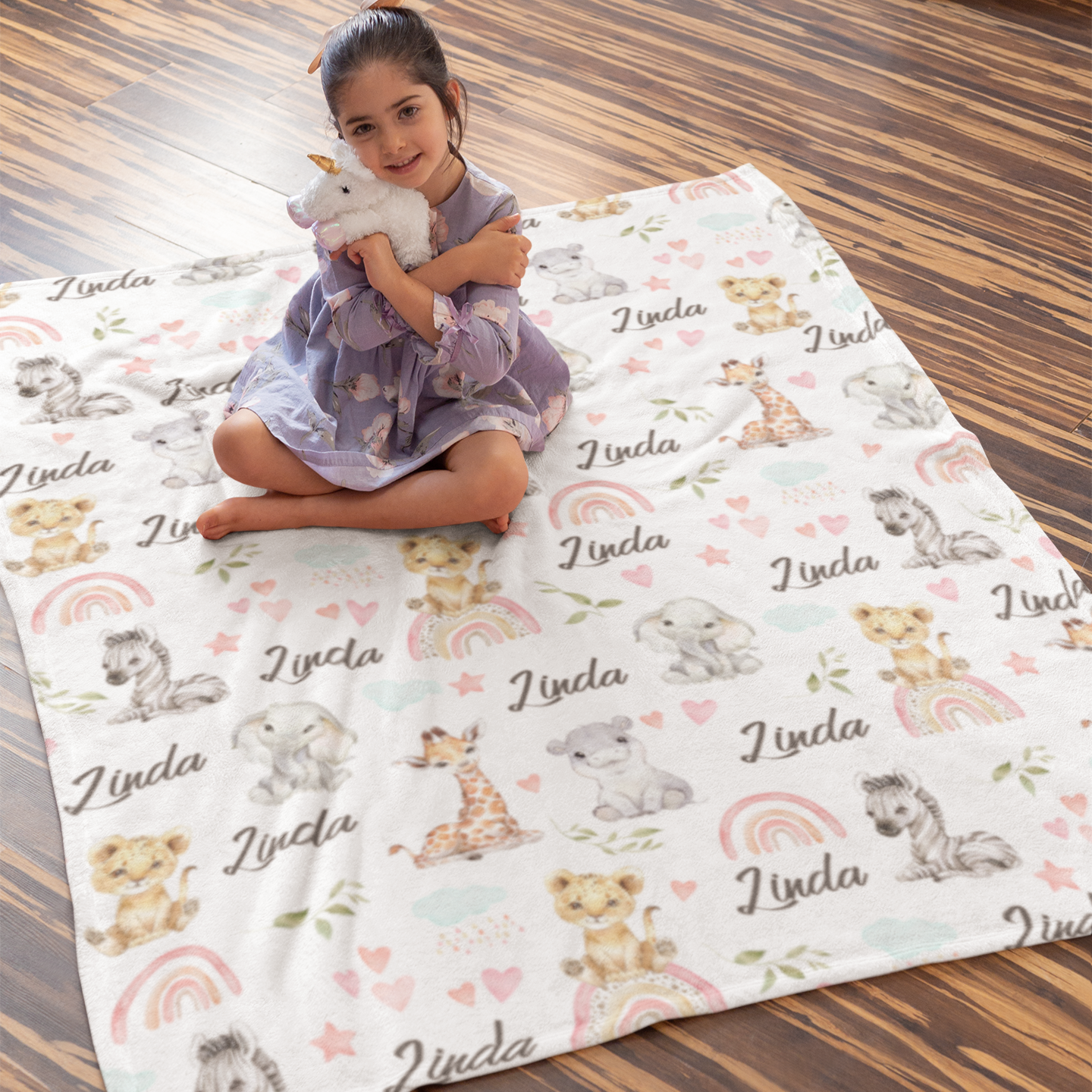 Personalized Rainbow Safari Animals Name Blankets - Gift for Kids