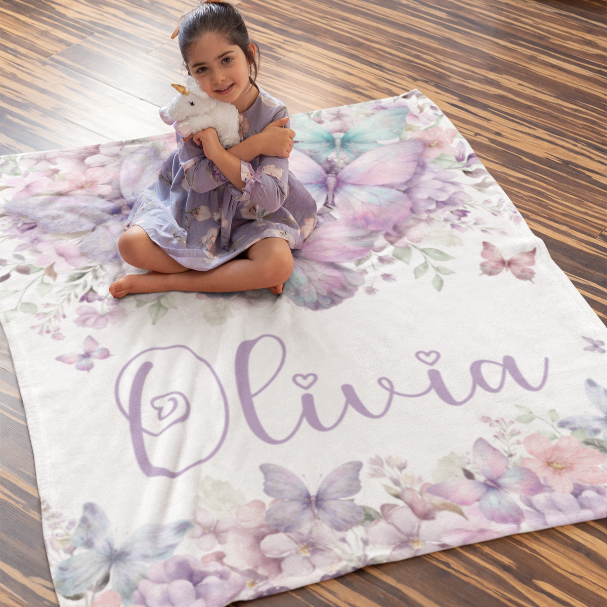 Personalized Purple Butterfly Themed Name Blanket - Gift for Kids