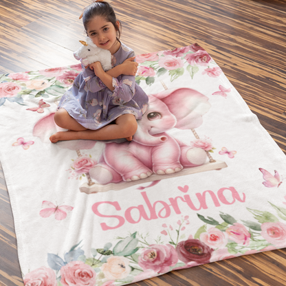 Personalized Watercolor Baby Elephant Garden Name Blanket - Gift for Baby