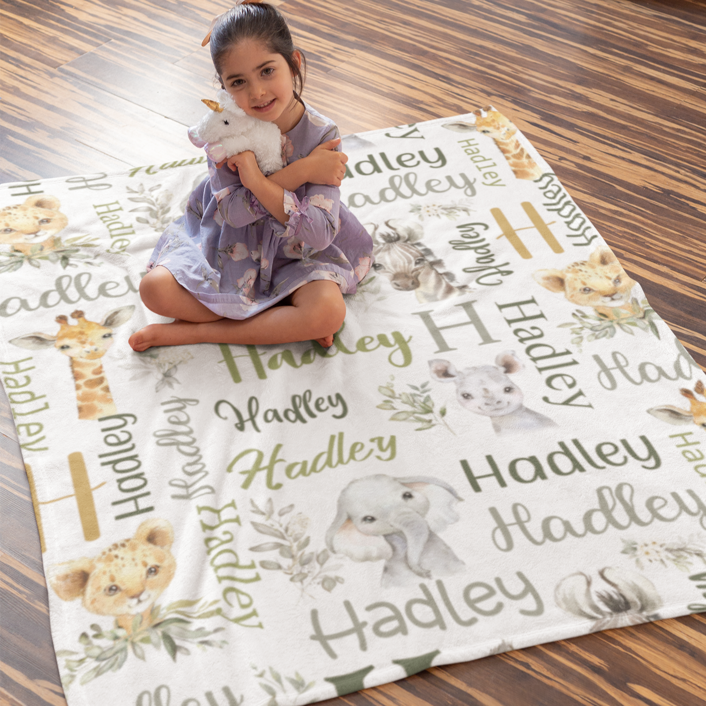 Personalized Watercolor Cute Wild Animal Baby Kids Name Blanket - Gift for Kids