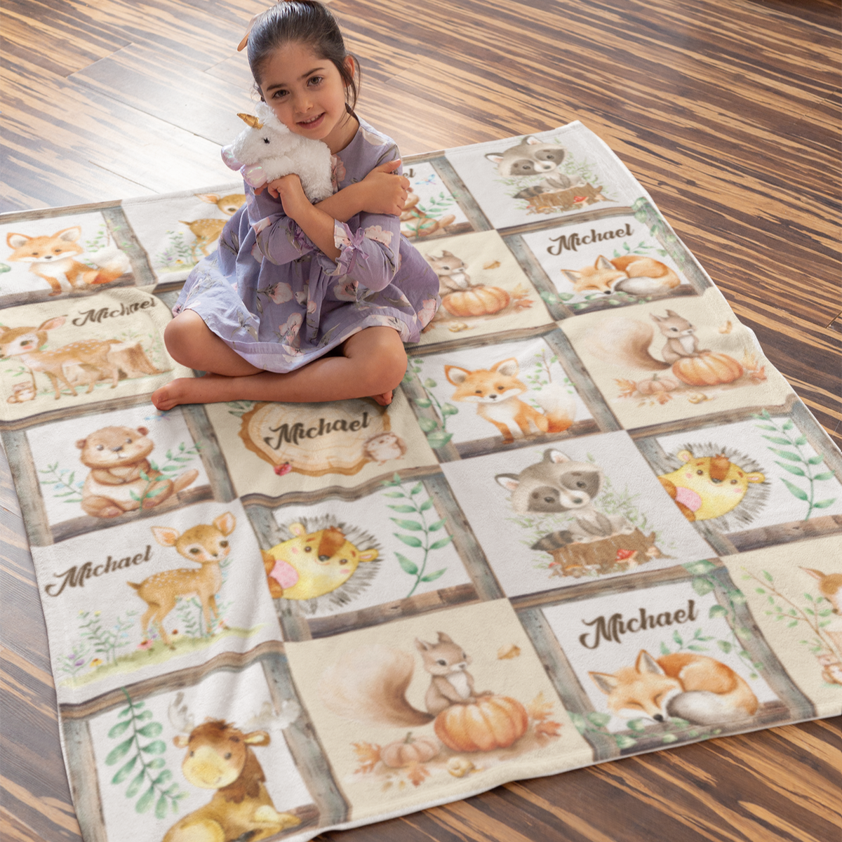 Personalized Watercolor Woodland Animals Name Blanket - Gift for Kids